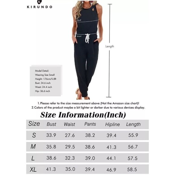 KIRUNDO Women’s Summer Cutout Solid Sleeveless Jumpsuit Crewneck Drawstring L - Picture 2 of 16